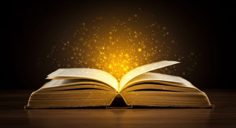 outro Livro aberto com luz dourada emanando das páginas, significando conhecimento e abundância.