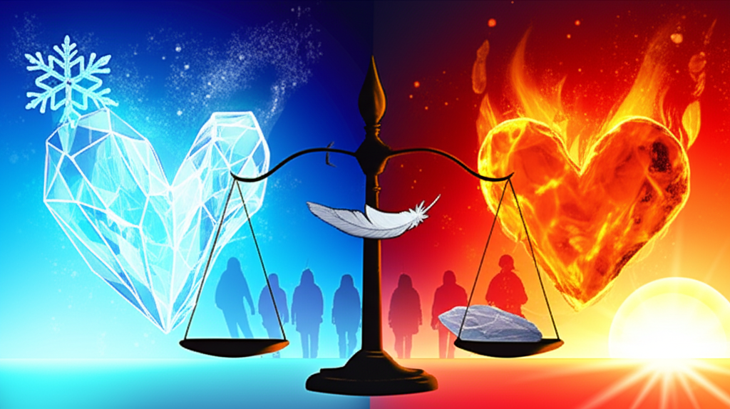 Combo Gelo e Calor Vale a Leitura? O que ninguém fala sobre o Guia 1 https://www.comprasdigitais.com.br/combo-gelo-calor-vale-a-leitura-guanho-nunca-fala/ Ilustração dividida mostrando um coração de gelo à esquerda e um coração de fogo à direita, com uma balança entre eles simbolizando auto‑valor e limites, e silhuetas de pessoas se afastando ao fundo.