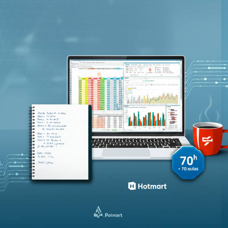 Ilustração de um laptop exibindo planilha Excel e dashboard Power BI, ao lado de anotações e café, representando o review técnico do curso de Excel e Power BI.