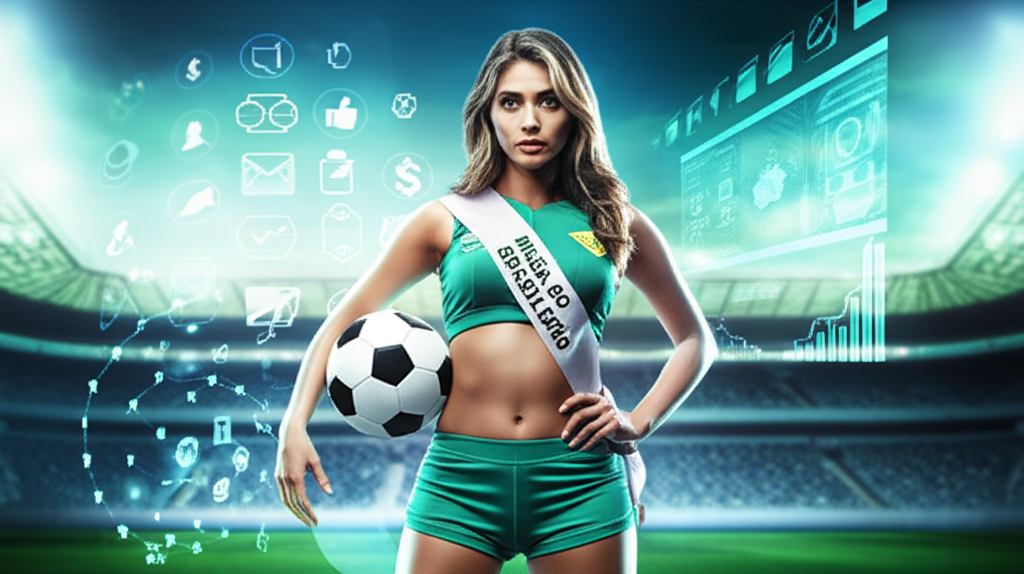 Jovem modelo vestida de esportiva segurando bola de futebol diante de estádio, com ícones digitais de redes sociais e monetização ao fundo, representando o curso Musa do Brasileirão.
