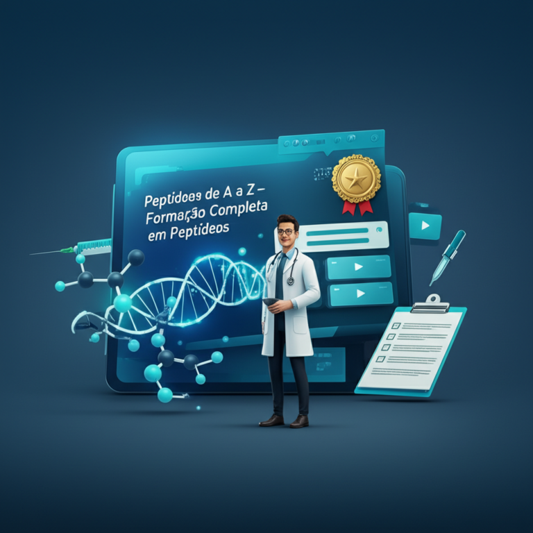 Ilustração digital de nutricionista em laboratório ao lado de estrutura molecular de peptídeo, com tela de curso online ao fundo, simbolizando a formação completa em peptídeos.