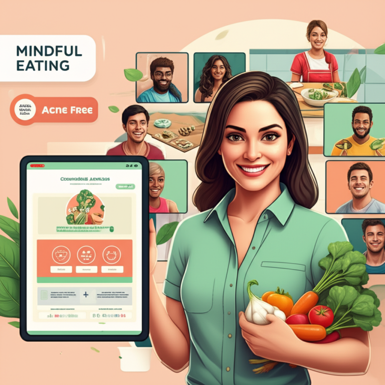 Ilustração da comunidade online da Comunidade Antiacne com nutricionista, alimentos saudáveis e participantes em vídeo.