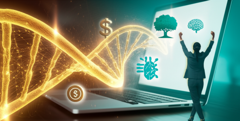 Ilustração de uma hélice de DNA dourada cercada por símbolos de prosperidade e a silhueta de uma mulher empreendedora, representando a reprogramação mental para abundância.