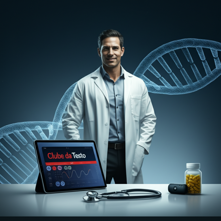 Ilustração de homem atlético ao lado de equipamentos médicos e gráficos hormonais, representando o curso online Clube da Testo.