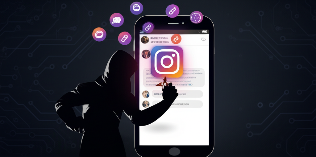 Ilustração de um ninja digital segurando o ícone do Instagram como um shuriken, com um smartphone exibindo mensagens automáticas de Direct e ícones de comentários e links.