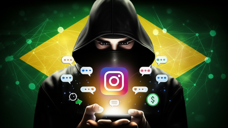 Ninja digital segurando um smartphone com o ícone do Instagram, rodeado por ícones de mensagens automáticas, comentários, relógio de resposta instantânea e símbolo de vendas.