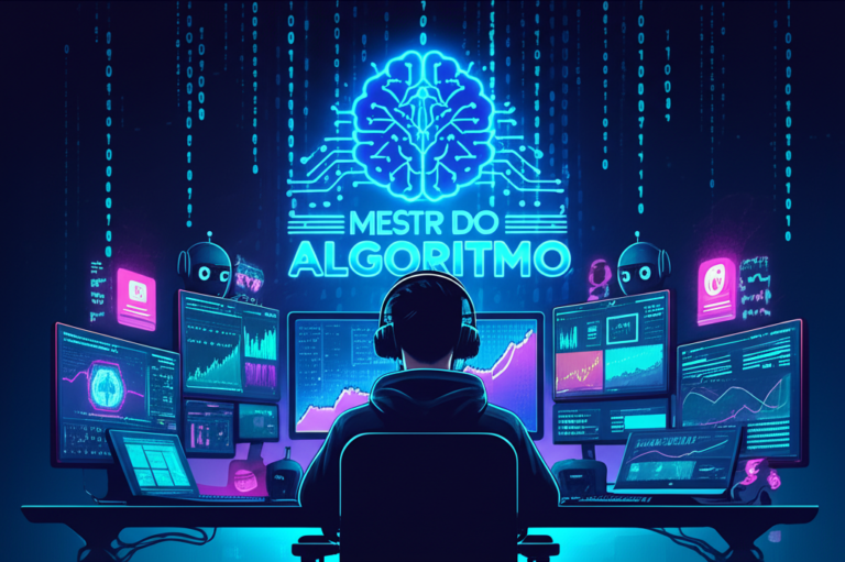 Mestre do Algoritmo Vale o Curso? Como Dominar as Redes Sociais de Vez 5 https://www.comprasdigitais.com.br/ Ilustração de criador de conteúdo trabalhando em múltiplas telas com gráficos de crescimento, ícones de redes sociais e elementos de IA, ao fundo o logo do curso Mestre do Algoritmo em estilo neon.