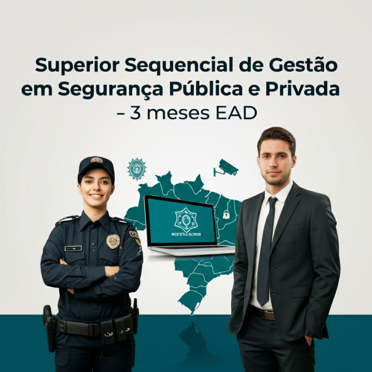 Ilustração de curso superior sequencial de 3 meses em Segurança Pública e Privada (EAD) do Instituto Óliver, com profissionais de segurança e negócios ao lado de um laptop.
