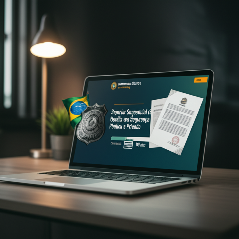 Ilustração do curso Superior Sequencial de Gestão em Segurança Pública e Privada em 3 meses (EAD) do Instituto Óliver, com laptop, símbolos de segurança e calendário de 90 dias.