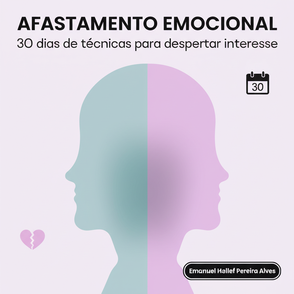 Capa do ebook AFASTAMENTO EMOCIONAL com duas silhuetas humanas afastadas, linha de gradiente entre elas, cores pastel e ícones de calendário e coração partido.