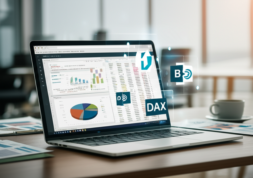 Laptop com planilha Excel avançada exibindo Power Query, gráfico dinâmico e código VBA, ao lado de ícones da Microsoft 365 e IA (ChatGPT/Copilot).