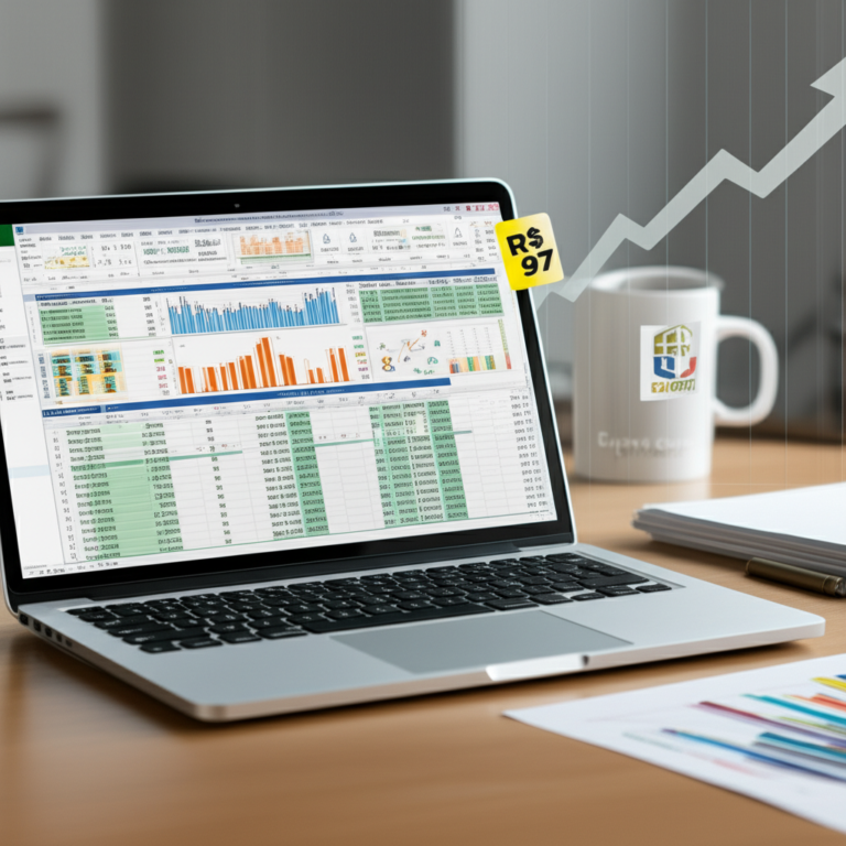 Laptop showing advanced Excel dashboard with AI icons, price tag R$ 97 and ROI chart, representing the ROI analysis of the Expert Cursos Excel Expert course.