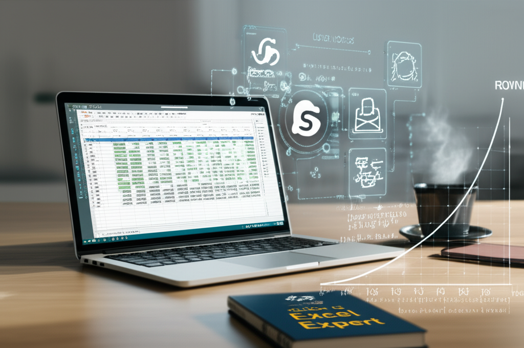 Laptop showing advanced Excel workbook with AI assistant hologram, Power Query, and Power Pivot visualized in a modern office.