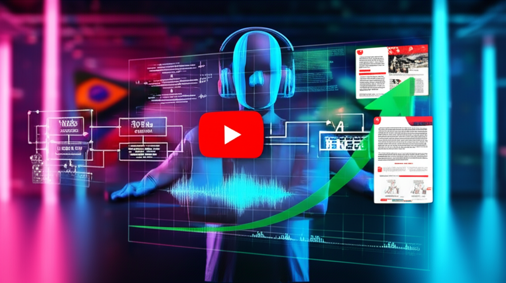 Ilustração de um criador de conteúdo faceless usando IA para otimizar canais no YouTube, com gráficos de algoritmo, thumbnails persuasivas e indicadores de CPM em dólares.