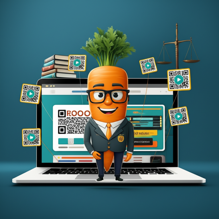 Professor Cenoura Plataforma é Boa? Por Dentro das Aulas e Exercícios 4 https://www.comprasdigitais.com.br/ Ilustração de Professor Cenoura, um professor cenoura com óculos, usando blazer, ao lado de um laptop mostrando a plataforma MÉTODO QR, com códigos QR e ícones de vídeo, rodeado por livros de Direito e balança da justiça.