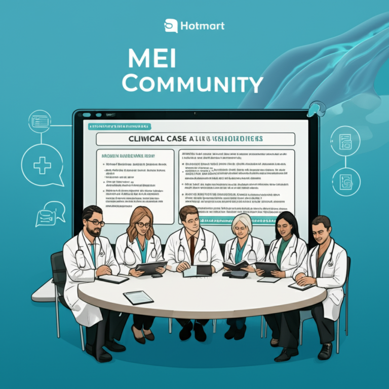 Medical professionals collaborating online in the MEI Community, reviewing English clinical cases on a digital platform.