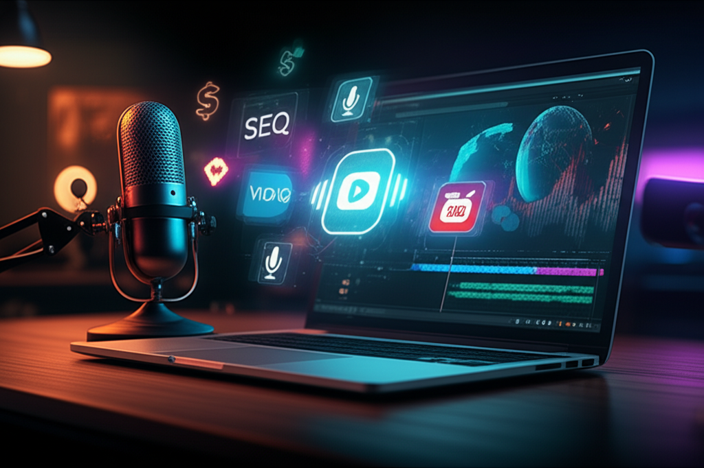 Ilustração de um criador de conteúdo no YouTube usando IA de voz, ferramentas de SEO e automação para produzir vídeos sem aparecer.