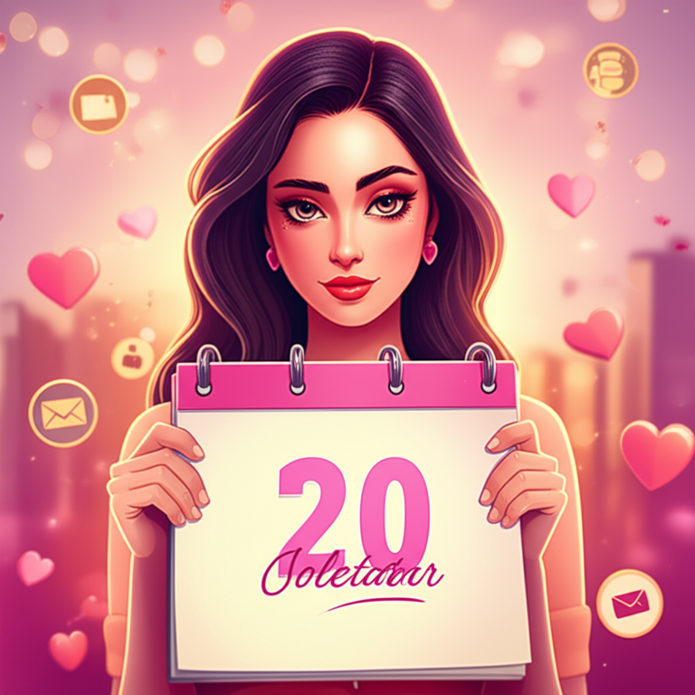 Mulher segura calendário com destaque para 20 dias, rodeada por corações e ícones de mensagens, simbolizando o método para fazer ele assumir.