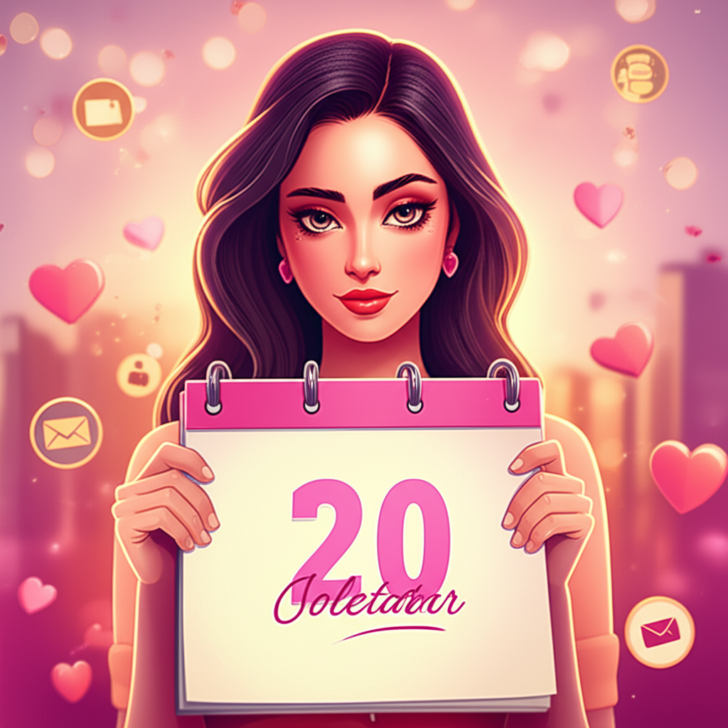 Mulher segura calendário com destaque para 20 dias, rodeada por corações e ícones de mensagens, simbolizando o método para fazer ele assumir.