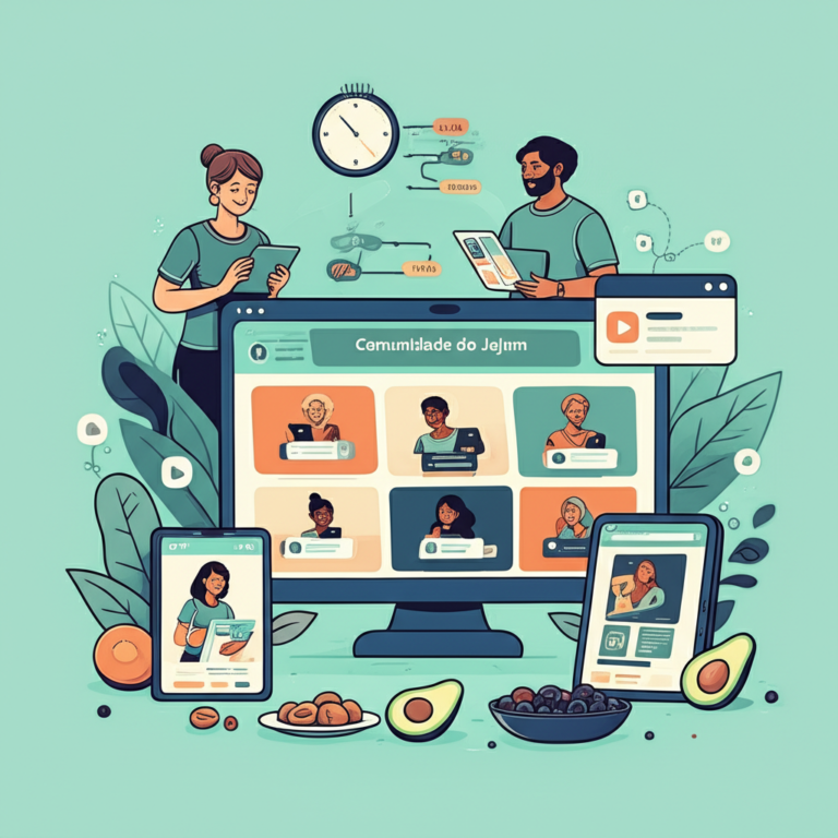 Ilustração de uma comunidade online de jejum intermitente, com pessoas diversas usando dispositivos digitais e símbolos de relógio de jejum e alimentos saudáveis.