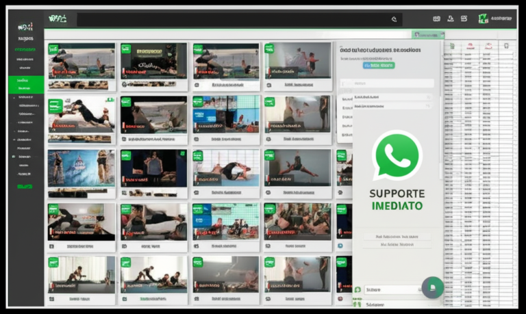 Tela da plataforma +500 Treinos Funcionais mostrando miniaturas de vídeo, planilha de exercícios e botão de suporte via WhatsApp
