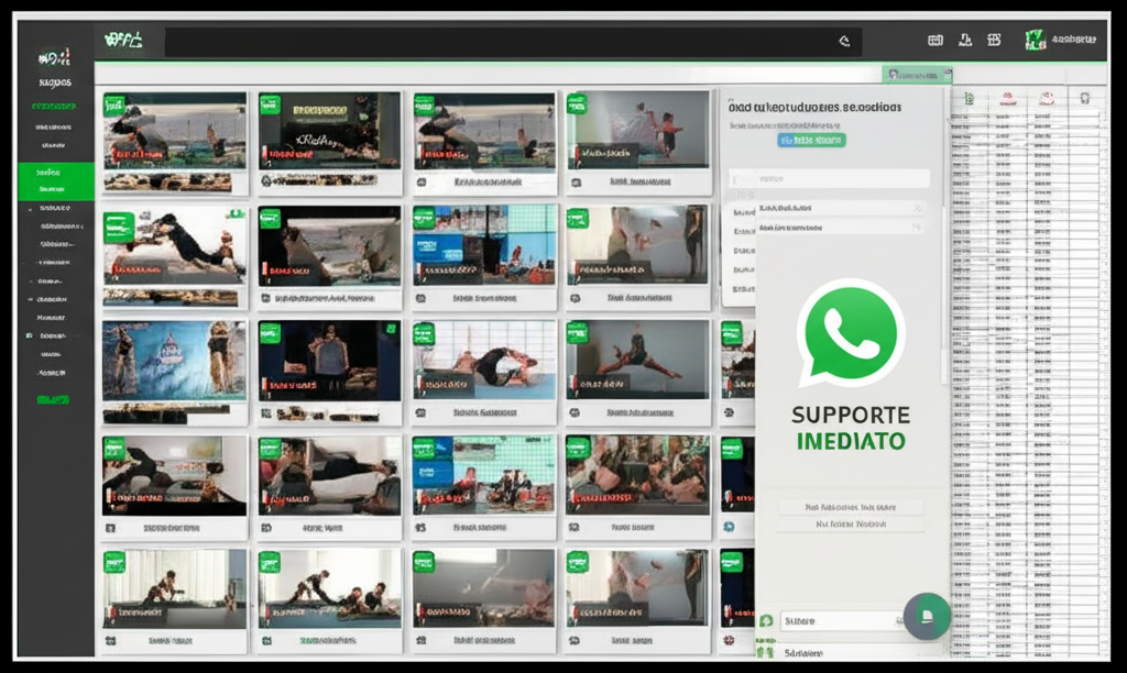 Tela da plataforma +500 Treinos Funcionais mostrando miniaturas de vídeo, planilha de exercícios e botão de suporte via WhatsApp