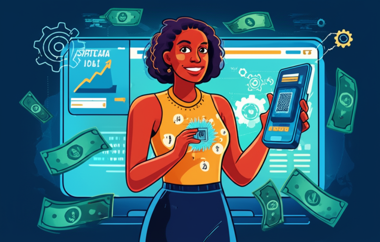 Sistema Viral Andréa Mazeto Funciona? Veja meus Resultados Reais 3 https://www.comprasdigitais.com.br/ Imagem de Andréa Mazeto com smartphone mostrando gráficos de renda, ícones de IA e dinheiro em reais e dólares, representando o Sistema Viral.