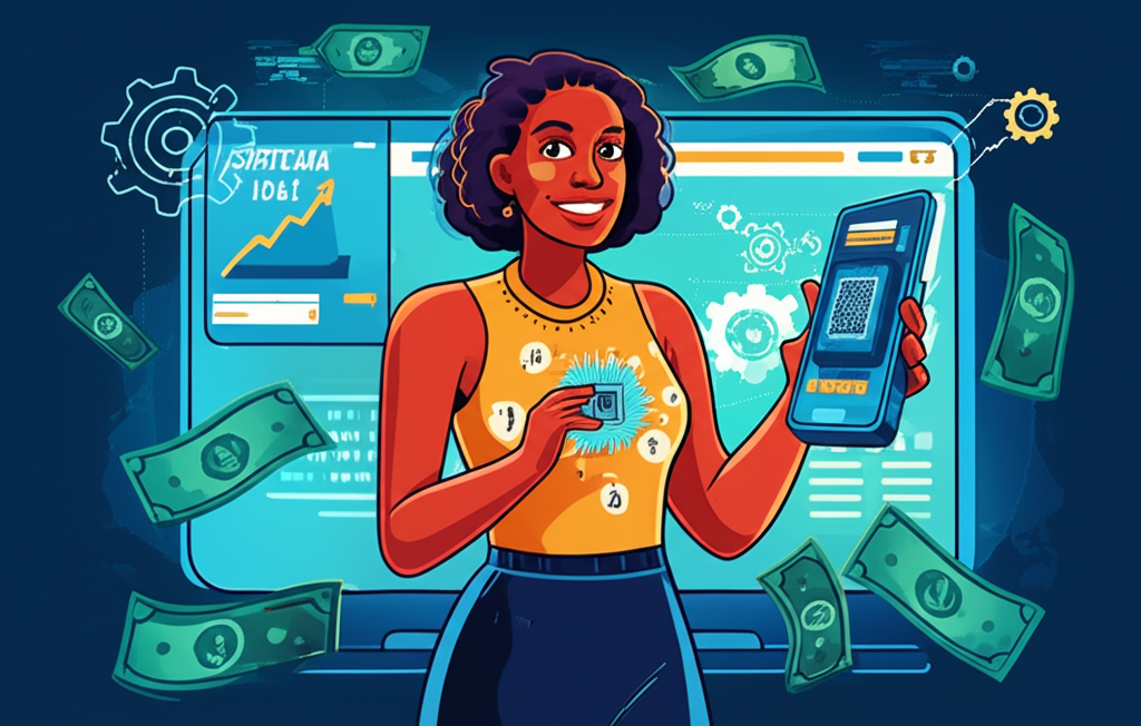 Sistema Viral Andréa Mazeto Funciona? Veja meus Resultados Reais 1 https://www.comprasdigitais.com.br/sistema-viral-andrea-mazeto-funciona-resultados-reais/ Imagem de Andréa Mazeto com smartphone mostrando gráficos de renda, ícones de IA e dinheiro em reais e dólares, representando o Sistema Viral.