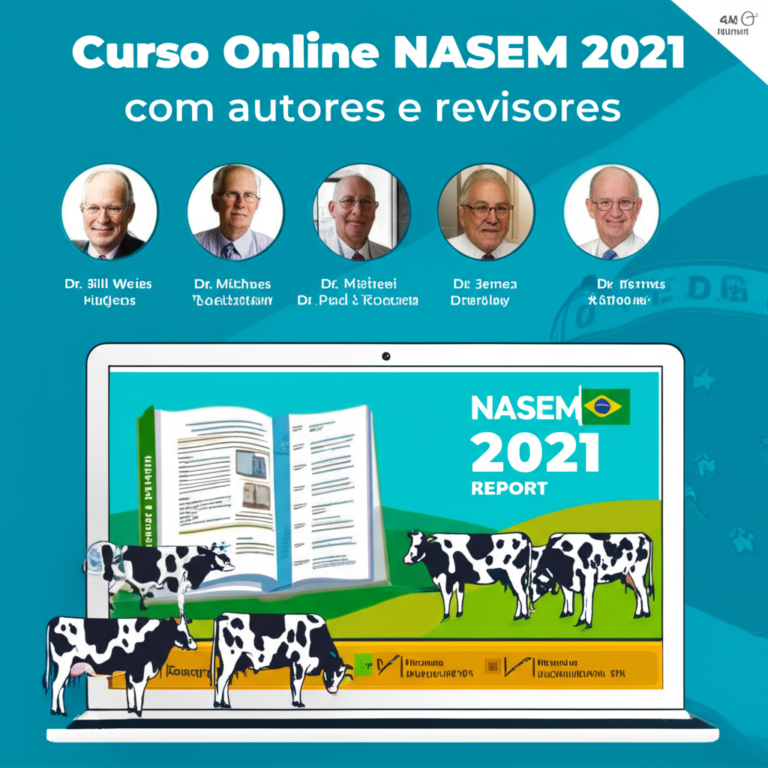 Ilustração de curso online NASEM 2021 com professores renomados, relatório científico e ícones de nutrição de vacas leiteiras.