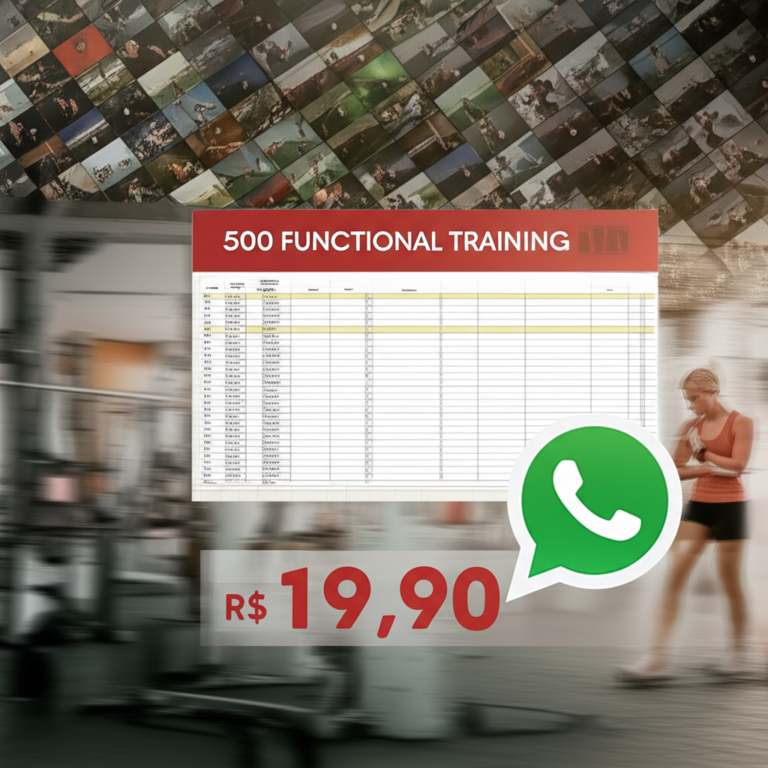 Colagem de miniaturas de 500 vídeos de treino funcional, planilha de exercícios e ícone de WhatsApp em ambiente de academia doméstica.