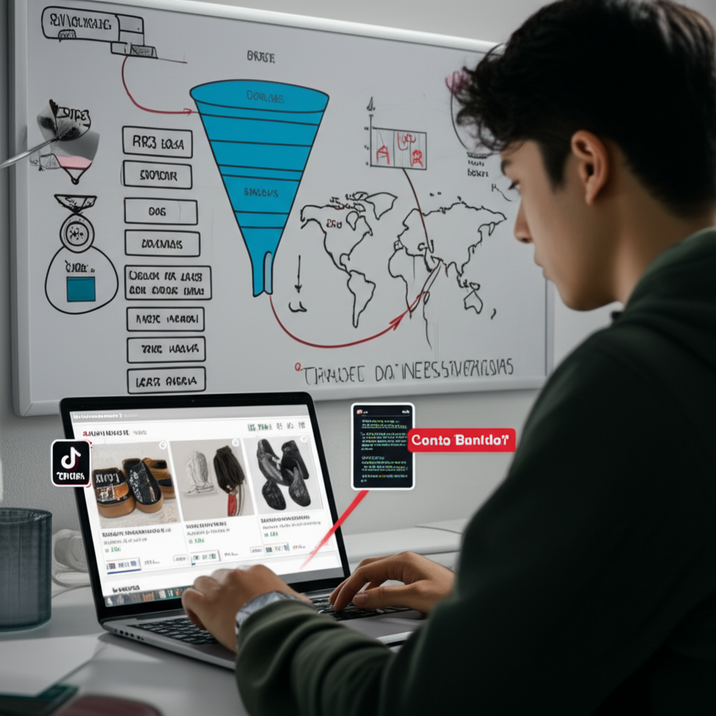 Jovem empreendedor analisando TikTok Ads e loja de dropshipping com indicadores de risco e oportunidades de escala.