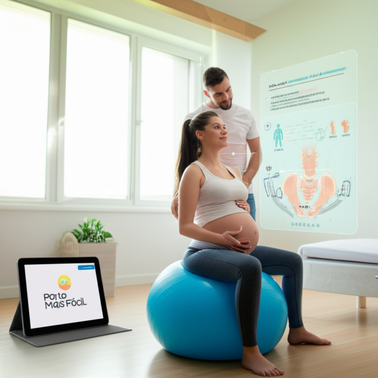 Gestante praticando exercícios de fisioterapia obstétrica guiada por uma interface de IA, com parceiro ao lado, ambiente de parto humanizado.