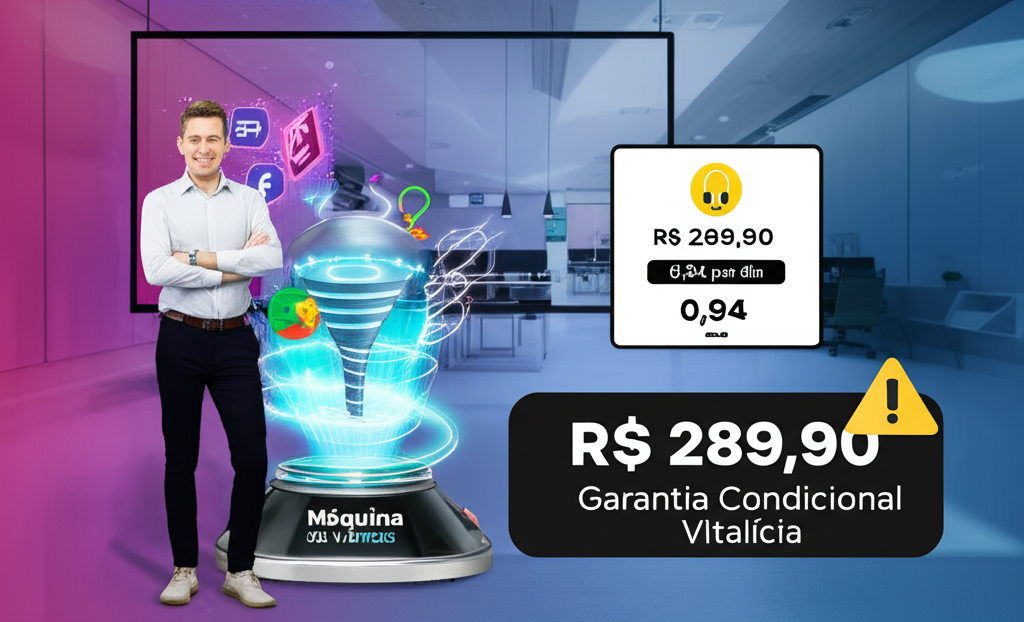 Mentor digital ao lado da Máquina de Vendas com ícones de Facebook Ads, Google Ads e alerta de suporte.