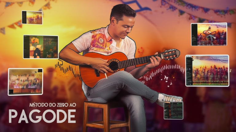 Método Do Zero ao Pagode 10 https://www.comprasdigitais.com.br/acesso-ao-curso/page/85/ Jovem tocando cavaquinho em aula do Método Do Zero ao Pagode, com vídeos em multi‑ângulo, notas musicais e tela mostrando dicionário de acordes.