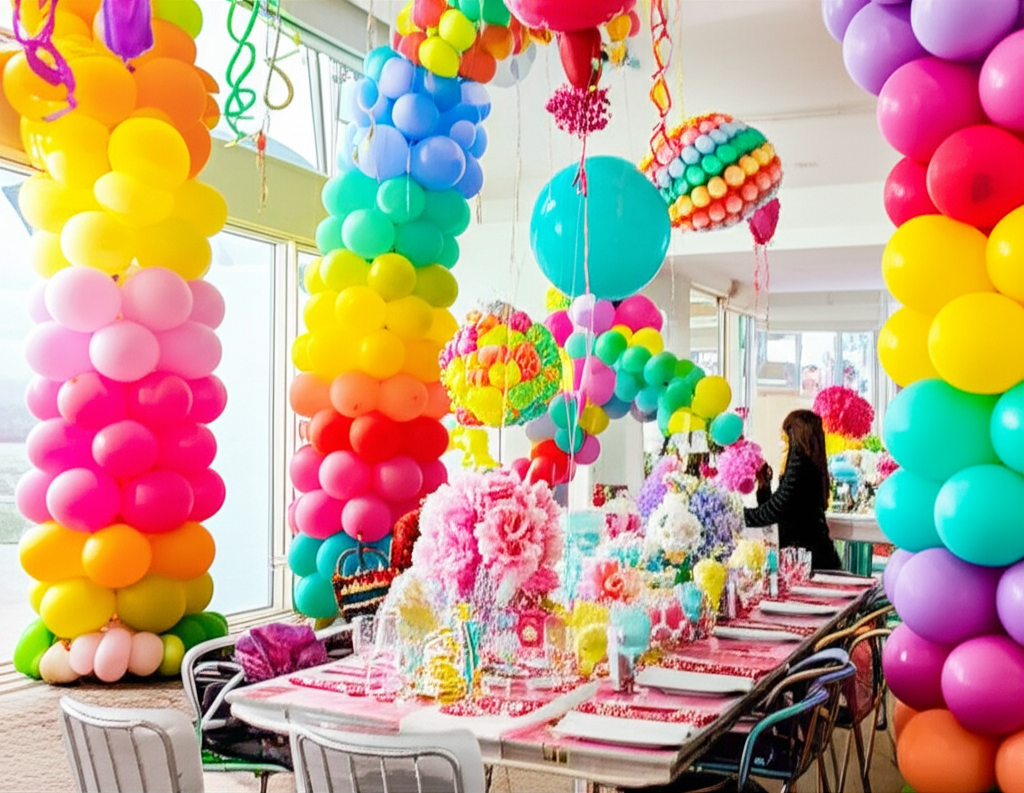 Decoração de festa com balões coloridos e esculturas complexas