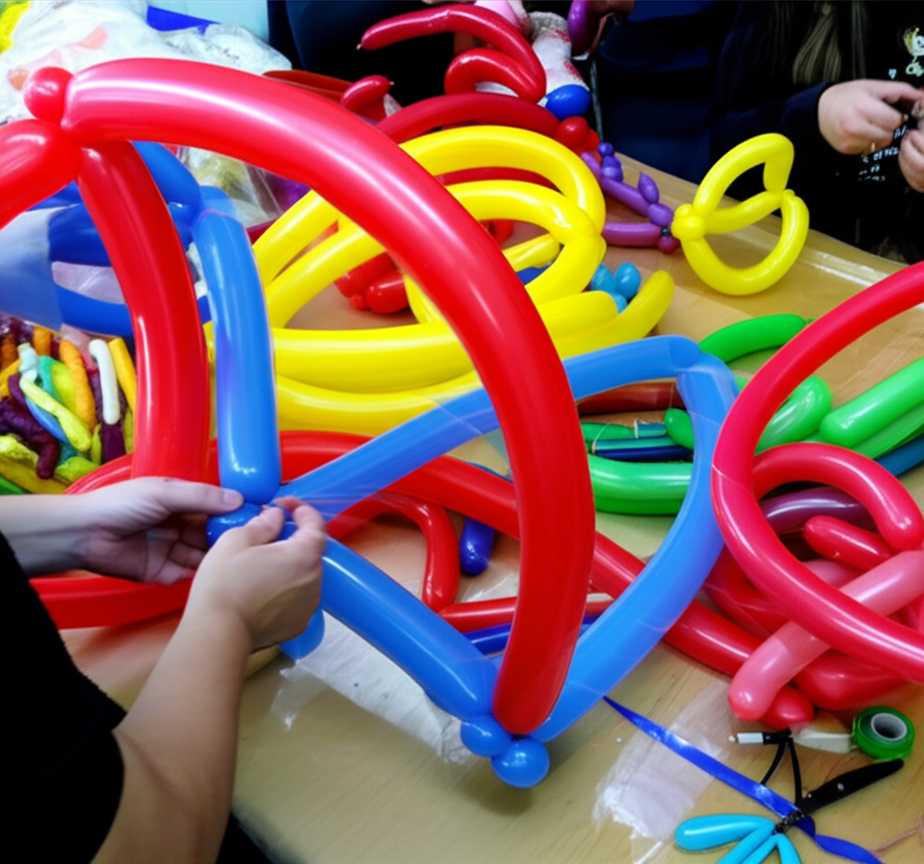Pessoa montando uma escultura de balões para evento