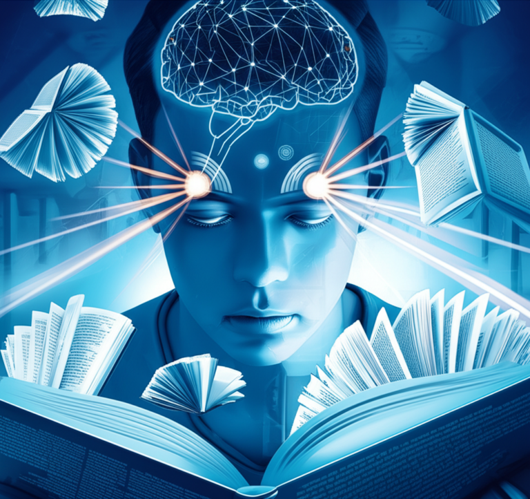 Guia Metaleitura 7 https://www.comprasdigitais.com.br/acesso-ao-curso/page/85/ Ilustração de um leitor praticando metaleitura, com livros flutuantes, linhas de foco ocular e cérebro iluminado, simbolizando velocidade de leitura e retenção de informações.