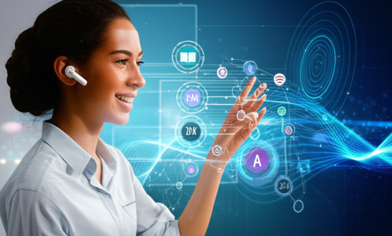 Pessoa interagindo com assistente virtual para aprender inglês com SpeakAI Inglês Fácil