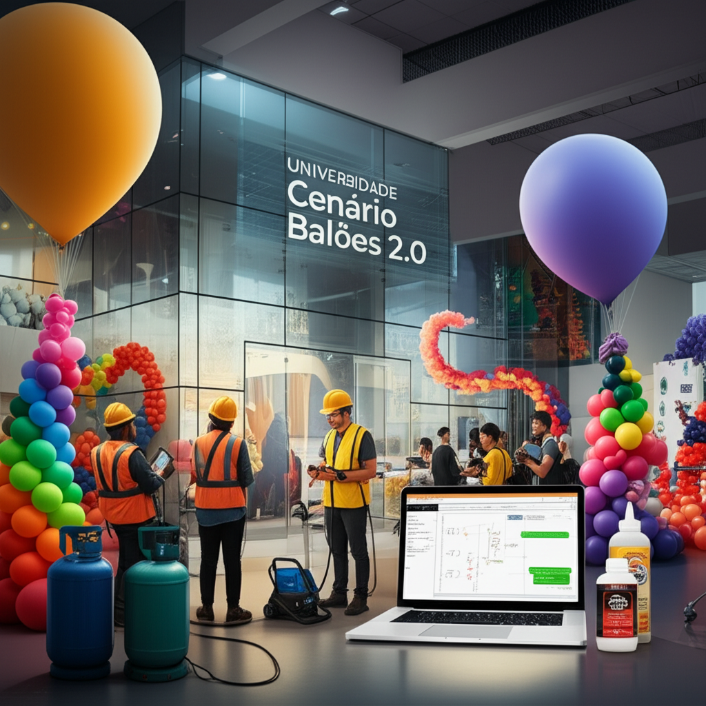 Universidade Cenário Balões 2.0 – campus moderno com esculturas de balões gigantes, equipamentos de inflagem e estudantes aprendendo técnicas avançadas de cenografia.