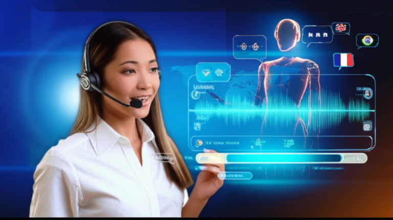 SpeakAI Inglês Fácil 1 https://www.comprasdigitais.com.br/acesso-ao-curso/page/85/ Jovem usando headset e microfone interagindo com avatar de IA que corrige pronúncia em uma interface de aprendizado de inglês avançada.