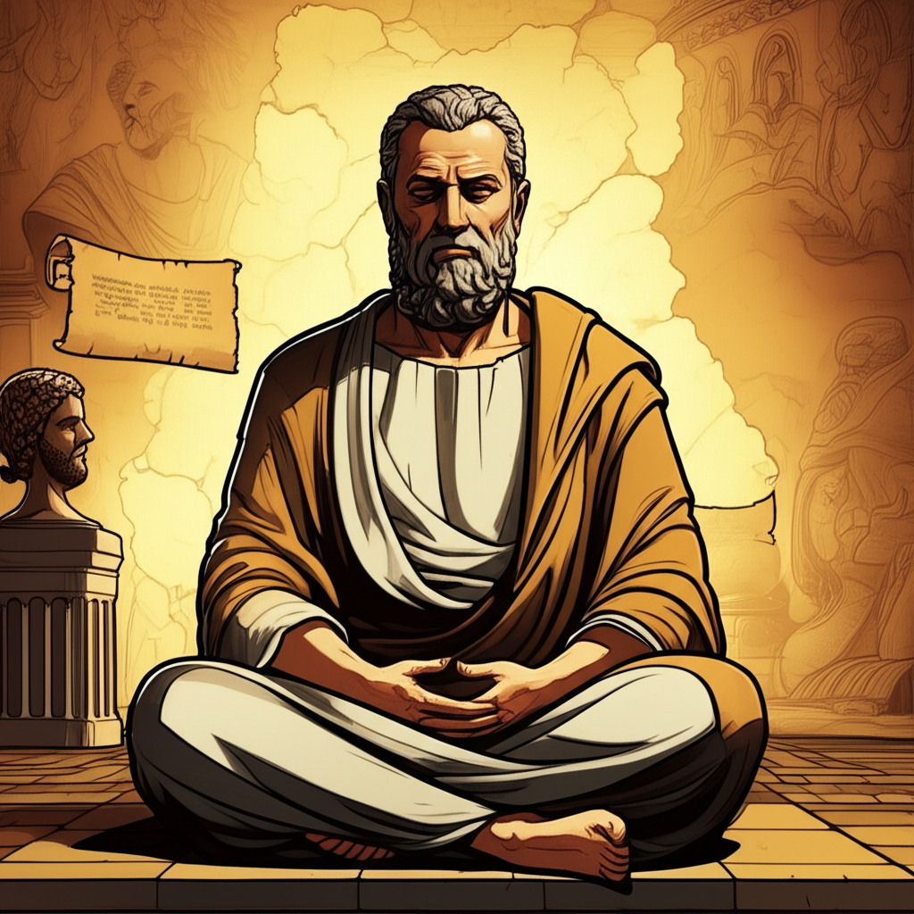 Homem confiante em meditação, simbolizando desenvolvimento pessoal e estoicismo.