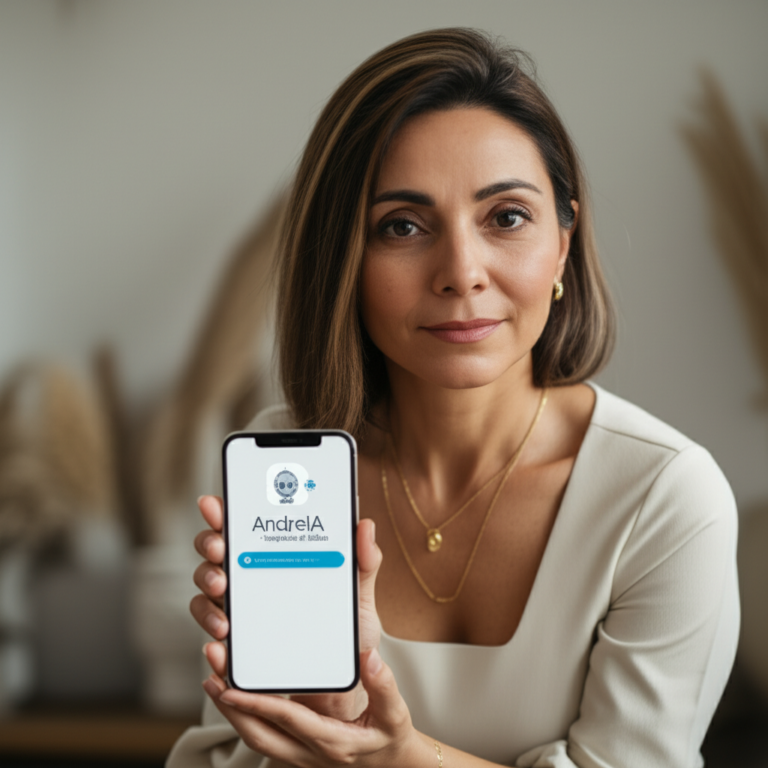 Imagem de uma mulher usando o aplicativo AndreIA no seu smartphone