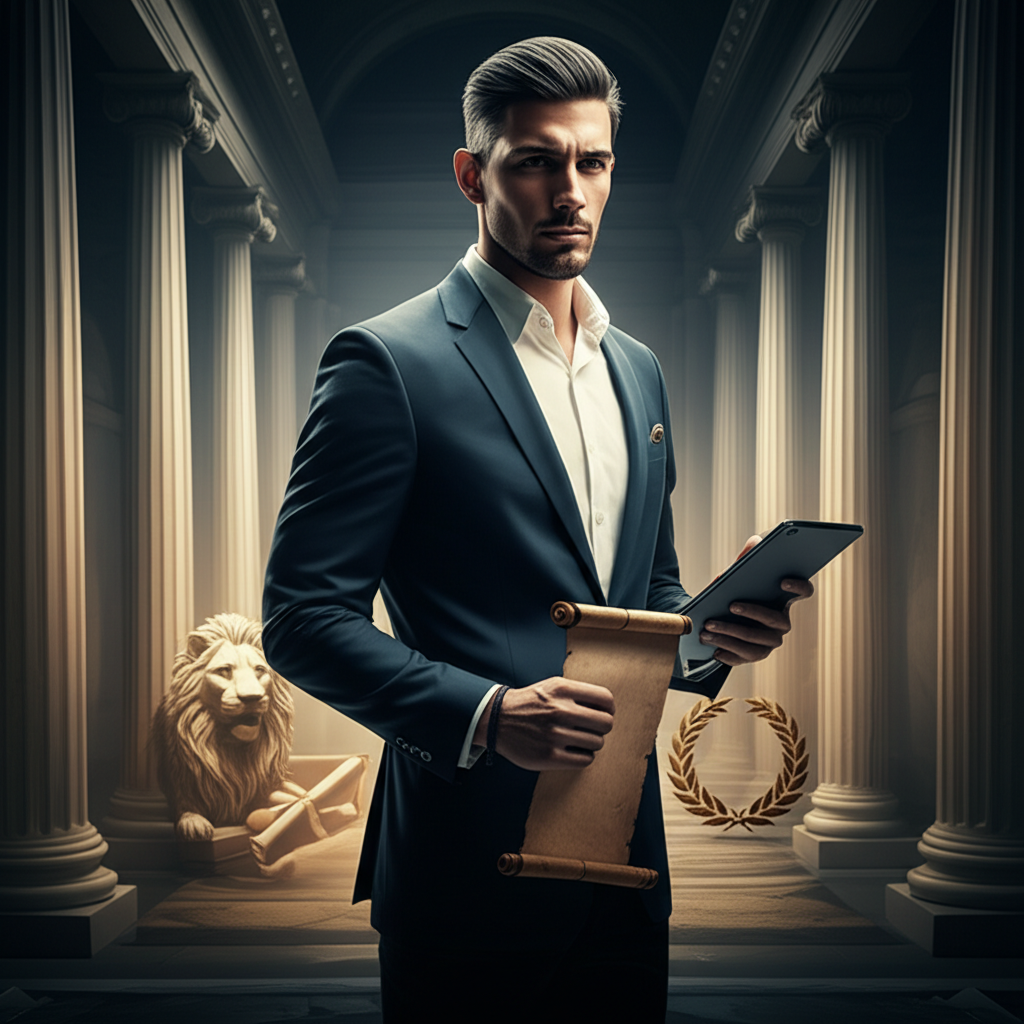 Homem atlético em terno escuro, em hall de mármore com colunas, segurando pergaminho e tablet, ao fundo estátua de leão e coroa de louros, representando o Império Masculino de Alessandro Loiola.