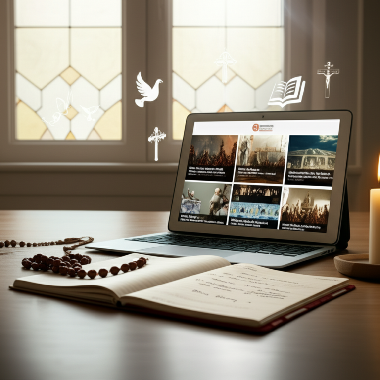 Reconquista Arautos Vale o Curso? Valeu a pena o investimento para mim? 8 https://www.comprasdigitais.com.br/acesso-ao-curso/page/100/ Tablet showing Reconquista Arautos course catalog beside rosary, candle, and notebook in a cozy study space.