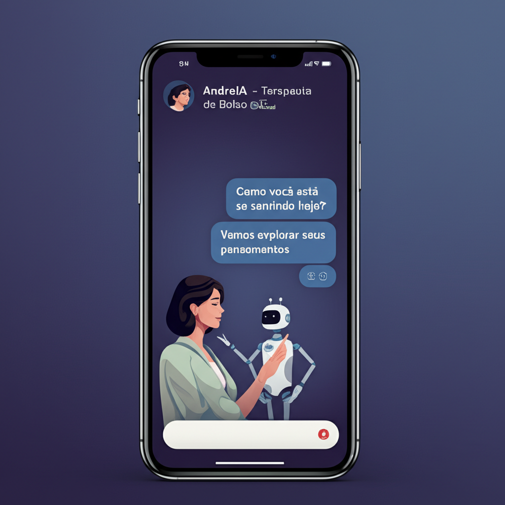 Imagem de uma pessoa usando um smartphone com a interface do AndreIA - Terapeuta de Bolso