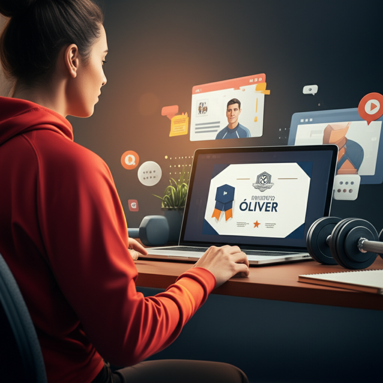 Jovem em roupa esportiva estudando Educação Física EAD no Instituto Óliver, com laptop, equipamentos de academia e certificado digital ao fundo.