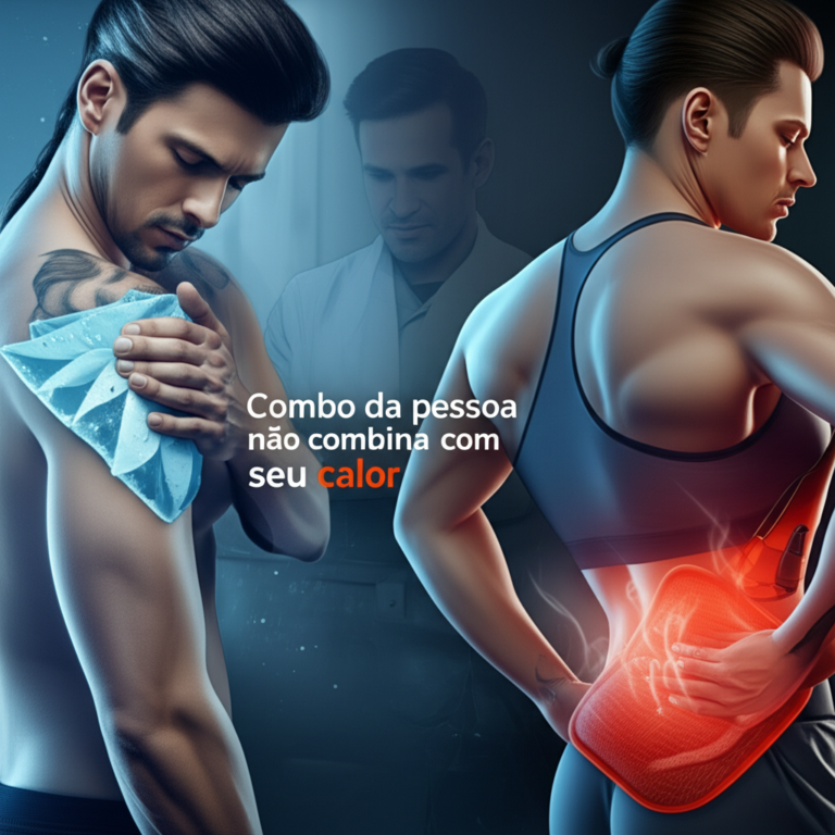 Illustration showing a person using an ice pack on one side and a heat pack on the other, with the title “Combo da pessoa não combina com seu calor” and a subtle portrait of Caio César in the background.