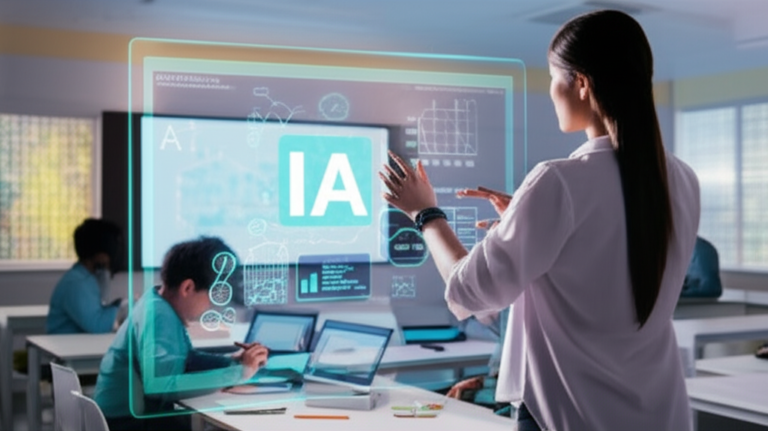 Educadora usando computador com ferramentas de IA para educação.