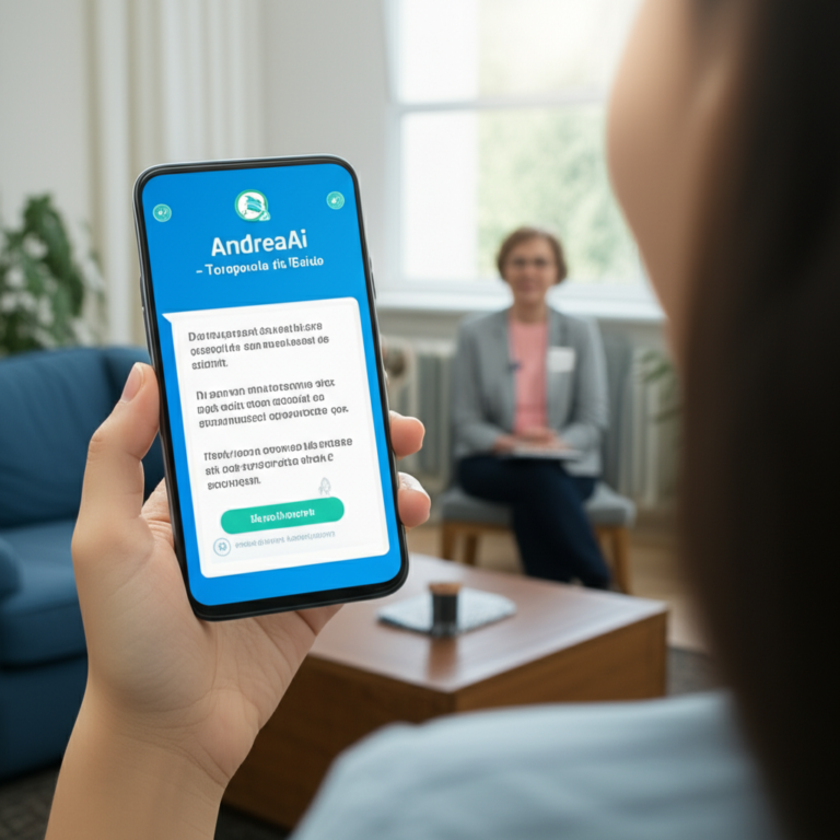 Erro de Processamento: Título Não Encontrado 3 https://www.comprasdigitais.com.br/acesso-ao-curso/page/82/ Imagem de uma mulher usando o aplicativo AndreaAi no celular