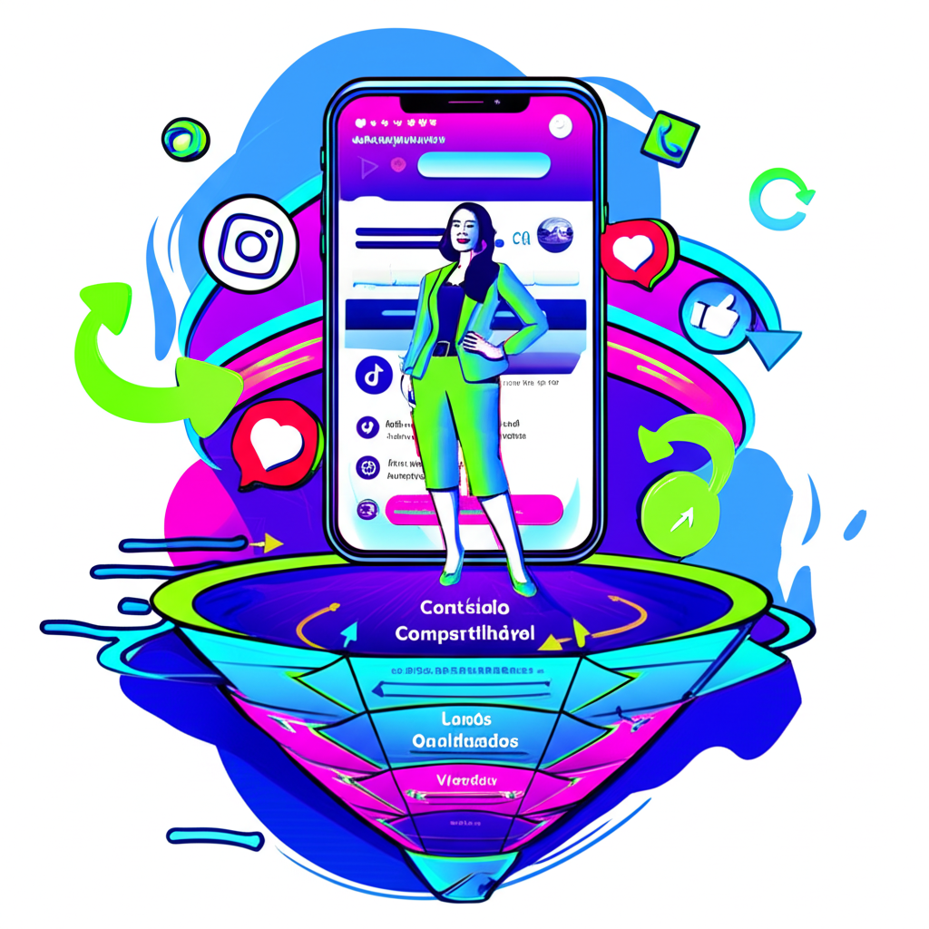 Ilustração do Sistema Viral de Andréa Mazeto mostrando loops de viralidade, ícones de redes sociais e funil de vendas em alta conversão.